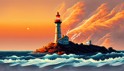 海に囲まれた孤島の灯台のイラスト