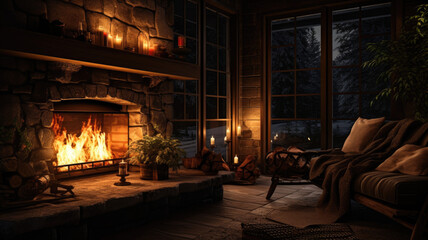 Cozy Fireplace Glow with Burning Candle in a Dark Night