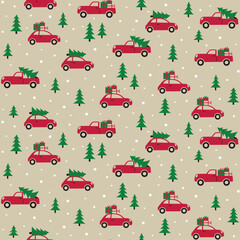 Seamless Christmas Pattern With Cars And Trees