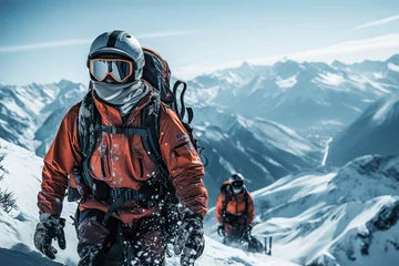 Foto auf Leinwand Bergwanderer auf schneebedekten Bergen with generative KI © m.mphoto