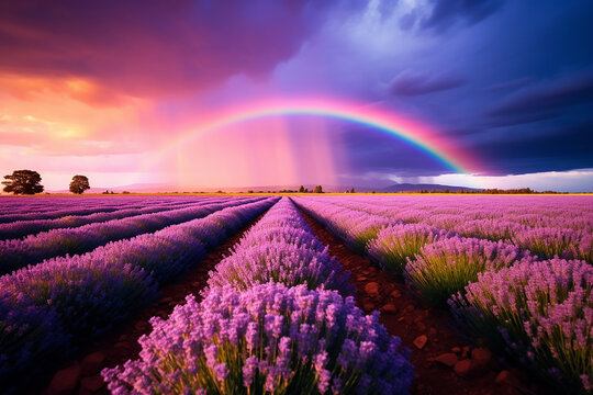 A field of lavender after the rain, a wonderful rainbow in the sky