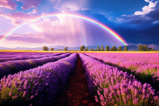 A field of lavender after the rain, a wonderful rainbow in the sky