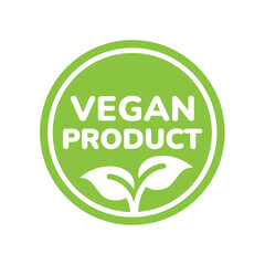 Vegan product vector label. Green emblem with leaves icon.