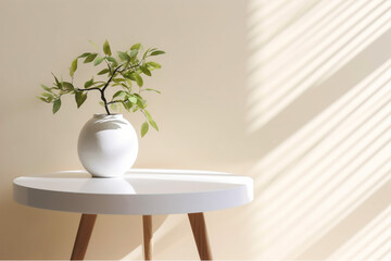 Fototapeta na wymiar Modern and minimal white glossy round side table with wooden top and tree twig in vase in sunlight on beige wall background