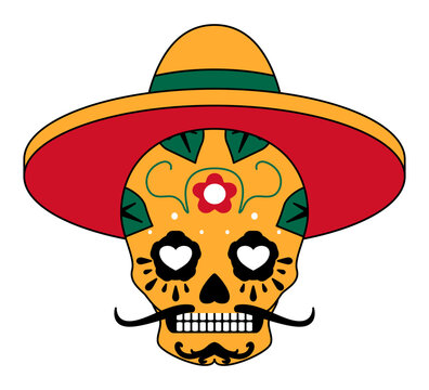 Sugar Skull with Sombrero Mexico Illustration