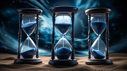 Three hourglasses with blue sand showing the passage - obrazy, fototapety, plakaty