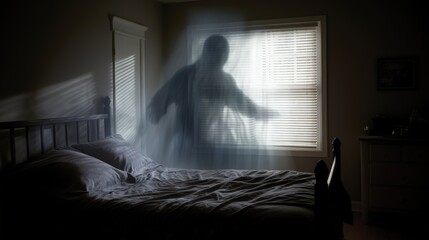 The shadow of a ghost figure on a bed in a dark bedroom, heading towards a bright window covered with blinds