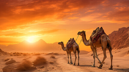 Two camels are in the Sinai Desert Sharm el Sheikh - obrazy, fototapety, plakaty