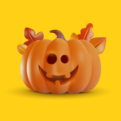 3d cartoon halloween pumpkin with smile face in cute realistic style. Funny festive design element. Modern concept for child toy or corporate decoration. Vector illustration.