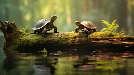 Two wild turtles sit on a tree trunk in a small lake - Powered by Adobe