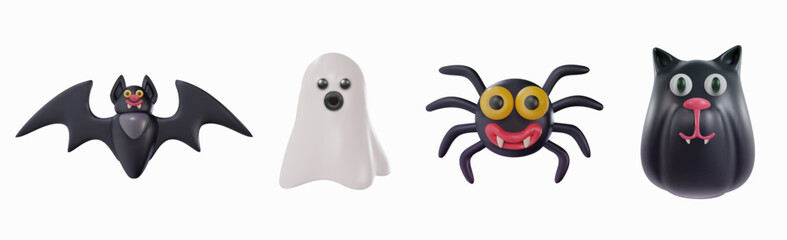Happy halloween festive decoration in realistic cartoon style. Bat, spider, black cat head, white ghost. Creative funny characters. Collection bright elements. Set cute 3d vector illustration.