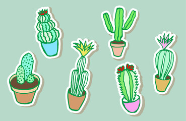 Cactus stickers, plants, green cactuses, doodle, set of stickers , vector plants