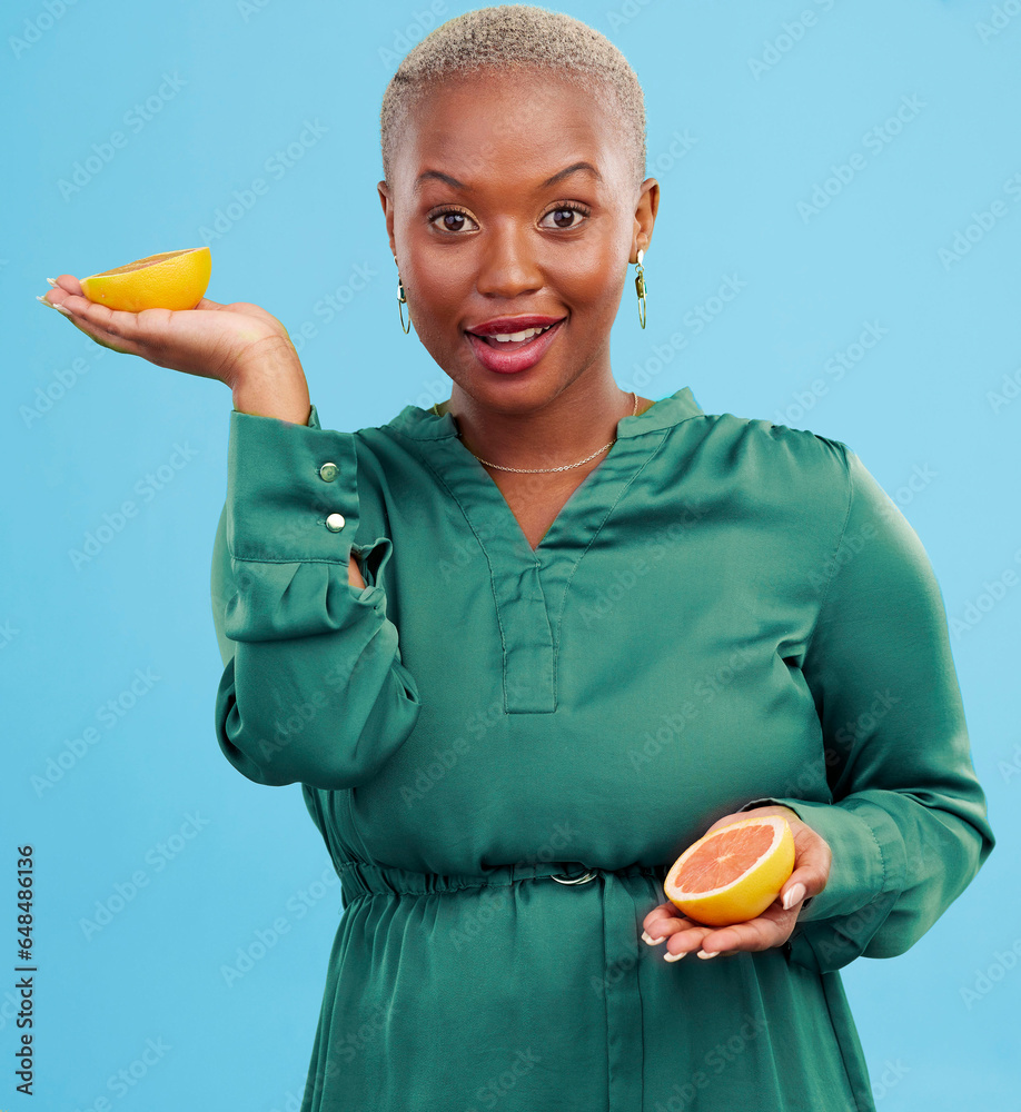 Poster Black woman, portrait and orange for vitamin C in diet, natural nutrition or detox against a studio background. Happy African female person smile with healthy organic citrus fruit for body wellness