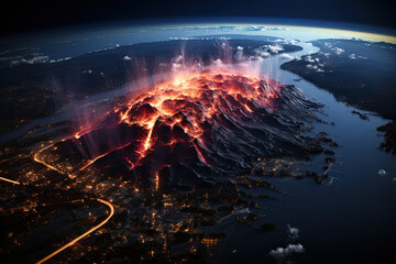 Aerial view of doomsday with shifting tectonic plates, fractures of the earth crust with a lava eruption in the city