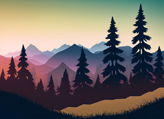 Beautiful landscape with mountains and coniferous forest. Vector illustration. Generative AI