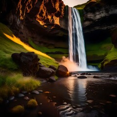 Seljalandsfoss waterfall in Iceland at sunset; a stunning waterfall. 
