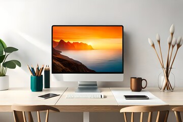 Cropped shot of modern workspace with  laptop, frame, pencils, coffee cup and vase on table with white wall background