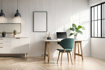 Cropped shot of modern workspace with  laptop, frame, pencils, coffee cup and vase on table with white wall background