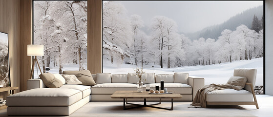 Minimalistic living room with modern white sofa, wooden floor, decor on wall, window with white...