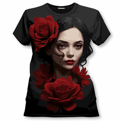 woman from black with red flower black tshirt design.
