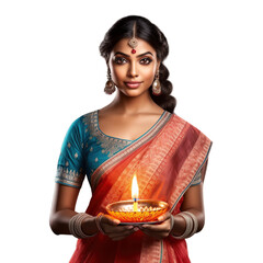 Happy Diwali, Beautiful Indian lady with diwali diya isolated on transparent background, Generative ai.