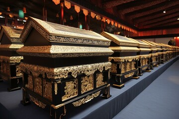 Funeral ceremony: coffins displayed in national pavilion. Generative AI - obrazy, fototapety, plakaty