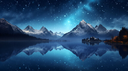 Mountains range with a lake in front of it at night - obrazy, fototapety, plakaty