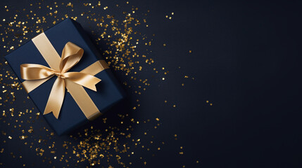 Flat lay gift box with golden ribbon. Generative Ai