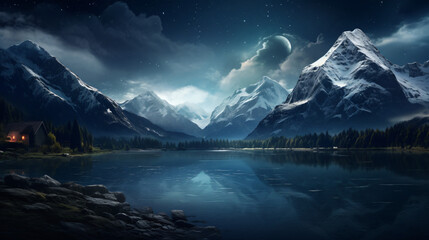 Mountains range with a lake in front of it at night