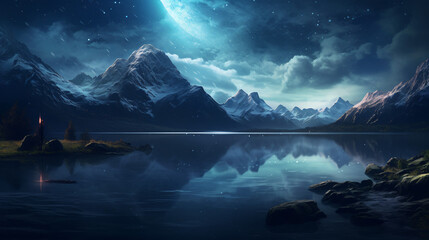 Mountains range with a lake in front of it at night - obrazy, fototapety, plakaty