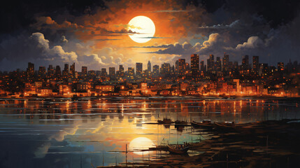 Painting of a city at night with a full moon