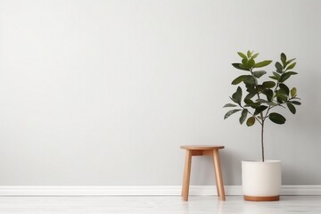 Ficus and stool near white wall, space for text. Home plants. generative ai.