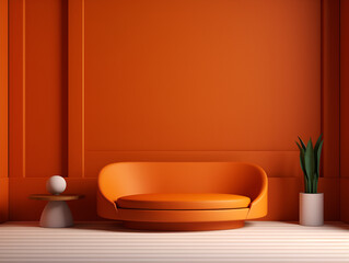 Fototapeta na wymiar Modern minimalistic futuristic interior design in dark orange color, comfy sofa and lights