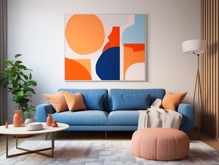 Modern minimalistic living room interior design in blue and orange tones with a comfort sofa, table, lights and decoration 