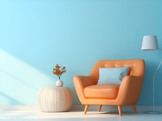  Modern minimalistic interior design in blue and orange tones with an comfort armchair 