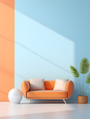 Modern minimalistic interior design in blue and orange tones with an comfort sofa and simple decoration 