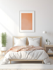 Modern minimalistic bedroom interior design in pastel orange tone with a bed, table, night stands and decoration