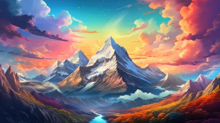 Deurstickers Pop Art Style of a Mountain Range Landscape and rainbow © Left
