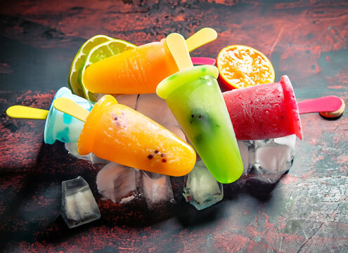 Colorful popsicles with ice on a dark background. Selective focus. Generative AI