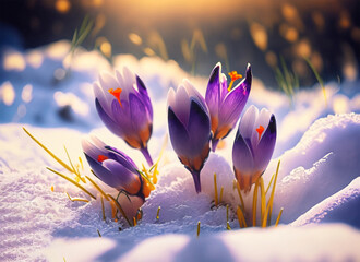 Crocuses in the snow in the rays of the setting sun. Generative AI