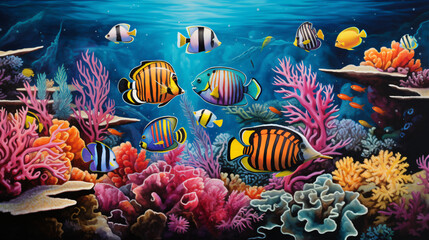Fototapeta na wymiar Painting of a group of fish swimming in the ocean