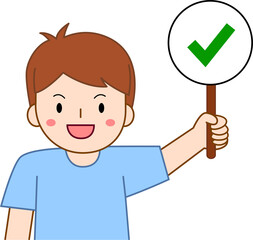 little boy holding right or wrong sign. true or false concept illustration