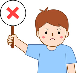 little boy holding right or wrong sign. true or false concept illustration