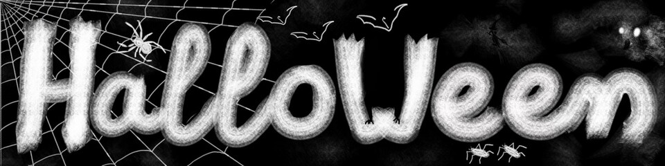 Letrero con palabra Halloween escrita. Cartel efecto pizarra con tiza blanca con decoración de halloween de telaraña, araña, cucaracha, murciélago y bruja. Banner de ilustración blanco y negro.  - obrazy, fototapety, plakaty