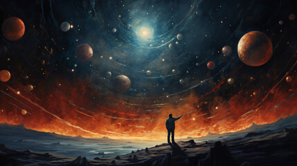 Painting of planets and a person reaching