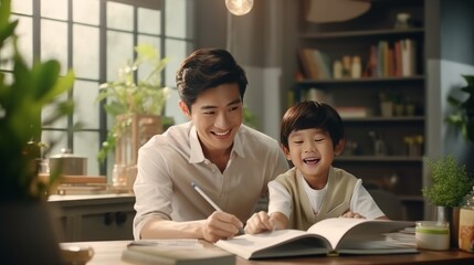 Asian Smart  young Father smiling teaching her son to do his homework in the living room