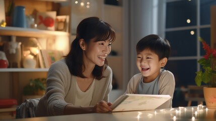 Asian beautiful young mother smiling teaching her son to do his homework in the living room - obrazy, fototapety, plakaty