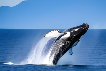 Fototapeta premium Humpback whale jumping out of the water. Seascape. Generative AI