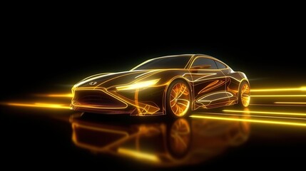 Gold neon glowing in the dark electric car on high speed running concept