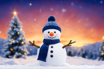 Obraz premium Cherished Moments, Snowman, Christmas Tree, and Realistic Background, AI Generated